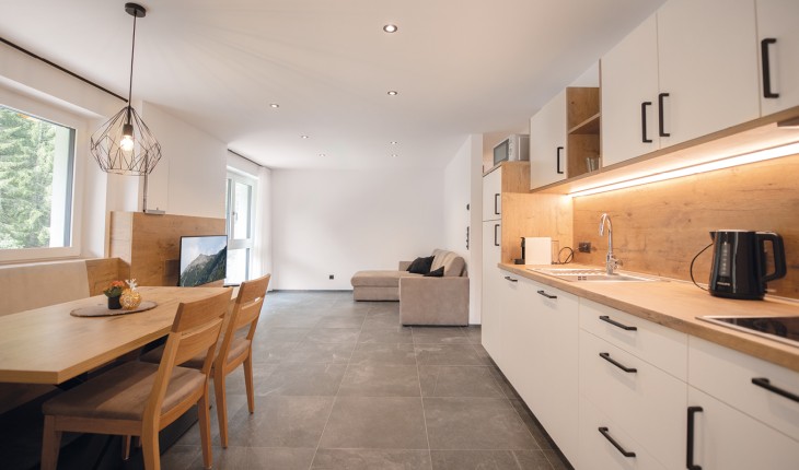 Appartamenti con cucina-soggiorno, zona pranzo e comodo divano