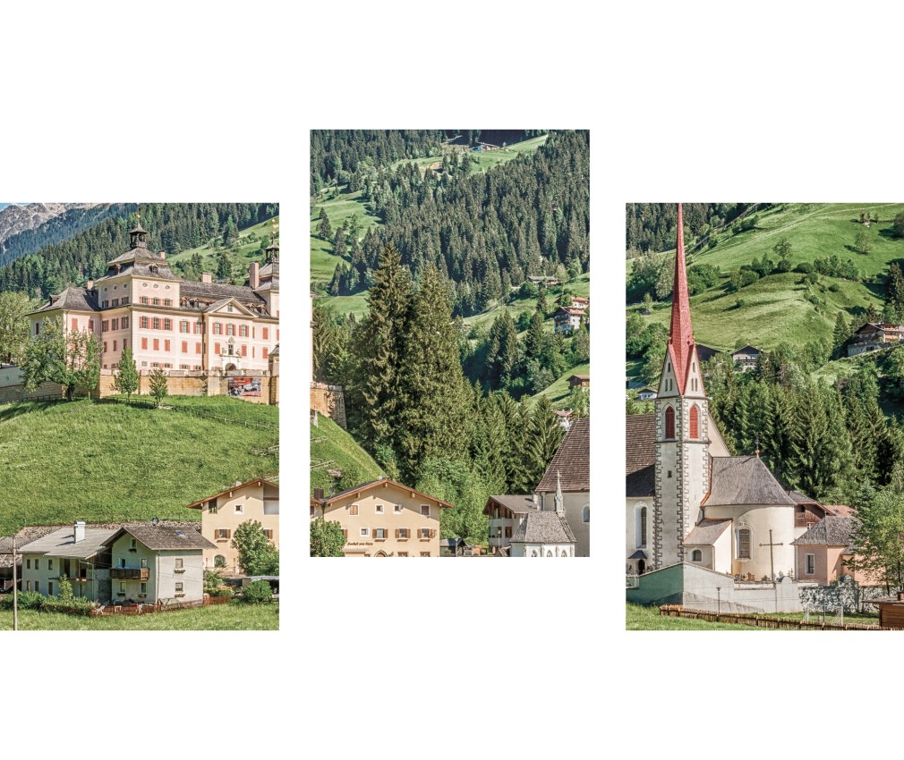 miramor: Get to know the history of Sterzing and the surrounding area The pink, baroque Wolfsthurn Castle on a hill above the village of Mareit