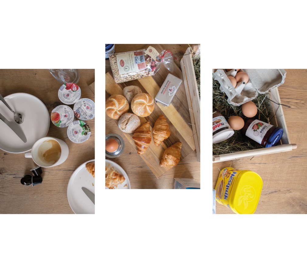miramor: Breakfast basket with local South Tyrolean dairy products and spreads Breakfast basket with local products such as honey, butter, jams, eggs, bread, milk