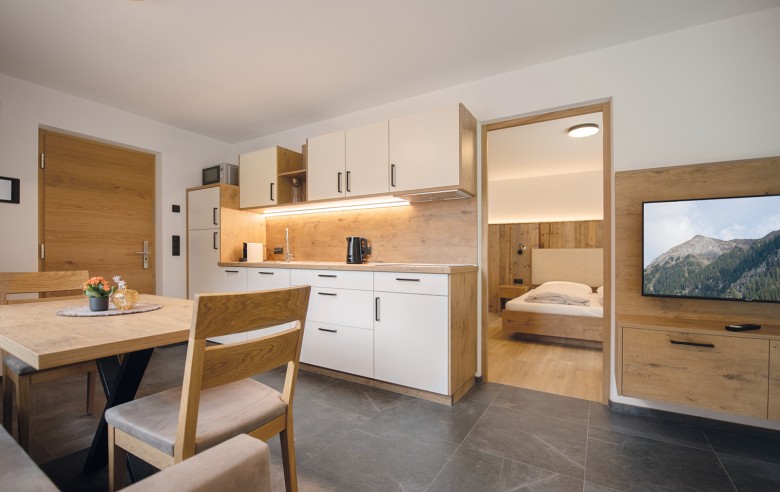 Vista della cucina-soggiorno con tavolo da pranzo e divano e vista della stanza