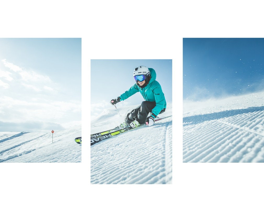 miramor: accommodation for your skiing holiday in Racines, South Tyrol A happy woman during the descent on a freshly prepared ski slope in Ratschings