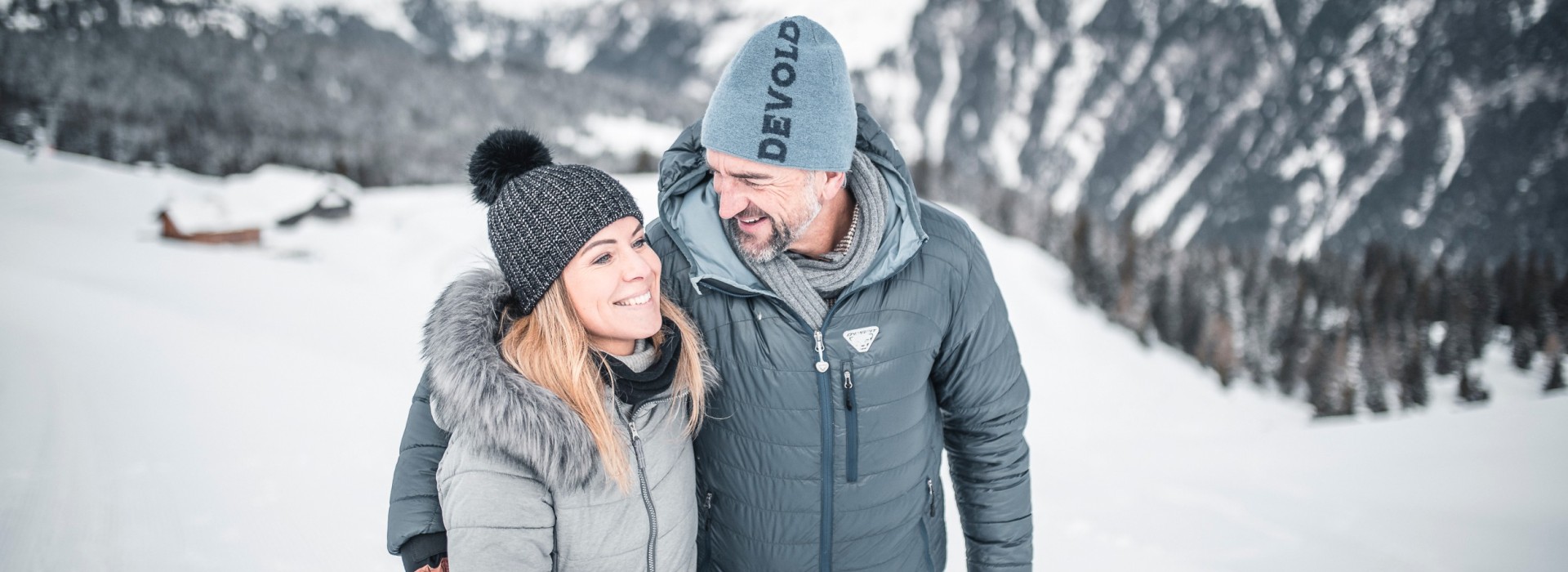 miramor: Winter holiday in the snowy mountains of Ratschings, South Tyrol Happy couple on winter holiday in the mountains of Ratschings, South Tyrol